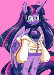 Size: 1800x2500 | Tagged: safe, artist:ask-colorsound, twilight sparkle, twilight sparkle (alicorn), alicorn, anthro, breasts, cleavage, clothes, female, hoodie, looking at you, mare, pink background, simple background, smiling, solo, sparkles