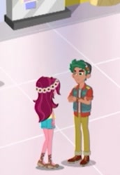 Size: 344x501 | Tagged: safe, screencap, gloriosa daisy, timber spruce, better together, equestria girls, holidays unwrapped, cropped, dashing through the mall, duo, female, male, siblings