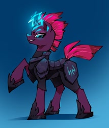 Size: 583x680 | Tagged: safe, artist:kilo, tempest shadow, pony, unicorn, armor, aura, blue background, broken horn, female, gradient background, horn, magic, mare, raised hoof, solo