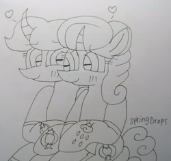 Size: 3020x2851 | Tagged: safe, artist:徐詩珮, glitter drops, spring rain, pony, unicorn, female, lesbian, lineart, mare, shipping, springdrops, traditional art