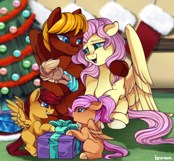 Size: 2324x2144 | Tagged: safe, artist:breioom, fluttershy, oc, oc:soul harmony, pegasus, pony, baby, baby pony, blank flank, canon x oc, christmas, christmas stocking, christmas tree, colt, family, female, filly, group picture, holiday, male, offspring, parent:fluttershy, parent:oc:soul harmony, parents:canon x oc, present, shipping, straight, tree