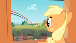 Size: 2880x1620 | Tagged: safe, screencap, applejack, earth pony, pony, the cutie mark chronicles, building, cloud, female, filly, filly applejack, foal, hill, manehattan, open mouth, ponyville, rainbow, solo, younger