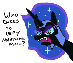 Size: 863x754 | Tagged: safe, artist:jargon scott, nightmare moon, alicorn, pony, comic:puddle worms™, friendship is magic, angry, bust, dialogue, eyeshadow, female, frown, glare, makeup, mare, open mouth, sharp teeth, simple background, solo, teeth, text, white background