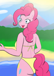 Size: 595x842 | Tagged: safe, artist:afhybrid, derpibooru import, pinkie pie, anthro, beach, bikini, breasts, clothes, female, pinkie pies, solo, swimsuit, yellow swimsuit