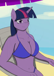 Size: 595x842 | Tagged: safe, artist:afhybrid, twilight sparkle, anthro, beach, beach chair, beach umbrella, belly button, bikini, breasts, cleavage, clothes, female, headlight sparkle, sitting, smiling, solo, swimsuit