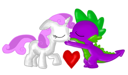 Size: 960x567 | Tagged: safe, artist:bugg0warrior, spike, sweetie belle, dragon, pony, unicorn, cute, eyes closed, female, filly, heart, interspecies, kiss on the lips, kissing, male, raised hoof, shipping, simple background, spikebelle, straight, white background