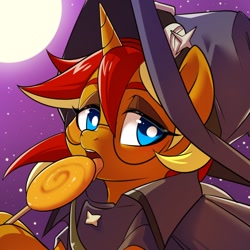 Size: 900x900 | Tagged: safe, artist:renokim, oc, oc:city roast, pony, unicorn, blue eyes, candy, clothes, costume, food, full moon, glasses, halloween, halloween costume, hat, icon, licking, lollipop, male, moon, night, tongue out, witch hat
