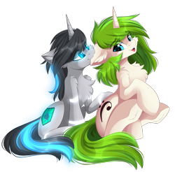 Size: 2741x2697 | Tagged: safe, artist:airiniblock, oc, oc only, oc:c1t0-b0r, oc:vinyl mix, pony, robot, robot pony, unicorn, biting, cheek fluff, chest fluff, citomix, commission, couple, ear bite, ear fluff, female, glow, looking at each other, shipping, size difference