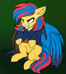 Size: 3072x3408 | Tagged: safe, artist:airfly-pony, oc, oc only, oc:starflame blood, pony, clothes, ear fluff, fangs, hoodie, patreon, patreon reward, reward, solo, wings