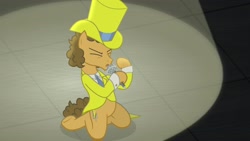 Size: 1920x1080 | Tagged: safe, screencap, cheese sandwich, pony, the last laugh, clothes, hat, microphone, solo, spotlight, suit, top hat