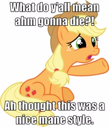 Size: 3000x3497 | Tagged: safe, derpibooru import, applejack, earth pony, pony, caption, image macro, sad, sitting, text