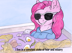 Size: 3352x2469 | Tagged: safe, artist:lightisanasshole, pinkie pie, earth pony, pony, bath, clothes, depressed, egg, filthy frank, food, meme, noodles, pink guy, ramen, reference, shirt, smiling, smirk, solo, sunglasses, text, toppings, wet mane