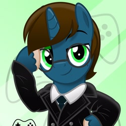 Size: 2048x2048 | Tagged: safe, artist:jhayarr23, oc, oc only, oc:jeremy gamer, pony, unicorn, abstract background, bipedal, business suit, clothes, controller, glasses, horn, male, necktie, salute, solo, unicorn oc, unshorn fetlocks