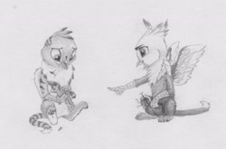 Size: 2602x1720 | Tagged: safe, artist:joestick, discord, tempest shadow, oc, griffon, monochrome