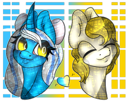 Size: 2057x1643 | Tagged: safe, artist:granddads-ychs, oc, oc:fleurbelle, oc:golden skies, alicorn, pegasus, pony, alicorn oc, bow, eyes closed, eyes open, female, fleurden, golden eyes, hair bow, looking back, mare, pegasus oc, shipping, smiling