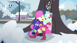 Size: 1920x1080 | Tagged: safe, screencap, bon bon, lyra heartstrings, sweetie drops, better together, equestria girls, holidays unwrapped, boots, clothes, earmuffs, female, gloves, hug, jacket, leg warmers, legging, lesbian, plusplus, saving pinkie's pie, shoes, snow, tree