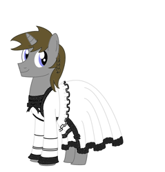 Size: 1600x1672 | Tagged: safe, artist:nittany discord, oc, oc:disty, pony, unicorn, bow, clothes, crossdressing, dress, frilly dress, gothic lolita, looking at you, male, smiling, stallion