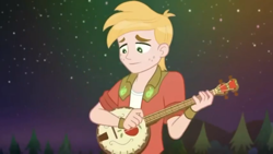 Size: 1280x720 | Tagged: safe, screencap, big macintosh, better together, choose your own ending, equestria girls, the last drop, the last drop: big macintosh, banjo, male, musical instrument, night, night sky, sky, solo