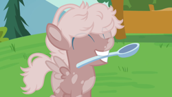 Size: 800x450 | Tagged: safe, artist:peachyprocyonid, edit, edited screencap, screencap, oc, oc only, oc:muddy, pegasus, pony, coat markings, colt, cute, male, mouth hold, spoon