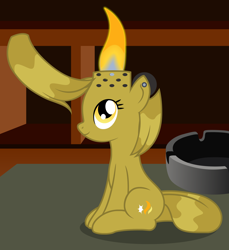 Size: 2100x2288 | Tagged: safe, artist:badumsquish, oc, oc only, oc:flink, object pony, original species, pony, ashtray, desk, ear piercing, female, fire, lighter, lighter pony, lit, looking up, piercing, ponified, sitting, smiling, solo, zippo