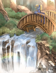 Size: 1280x1656 | Tagged: safe, artist:alts-art, oc, oc only, pony, unicorn, bridge, male, nature, scenery, solo, stallion, waterfall