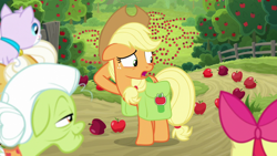 Size: 1920x1080 | Tagged: safe, derpibooru import, screencap, apple bloom, applejack, goldie delicious, cat, earth pony, pony, going to seed, apple, apple tree, fence, saddle bag, scenery, tree