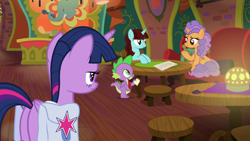 Size: 1920x1080 | Tagged: safe, screencap, pretzel twist, say cheese, spike, twilight sparkle, twilight sparkle (alicorn), alicorn, dragon, pony, unicorn, the point of no return, background pony, female, male, mare, notepad, quill, restaurant, saddle bag, table, the tasty treat, winged spike