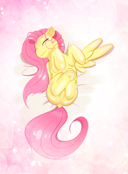 Size: 2627x3563 | Tagged: safe, artist:snownebula, fluttershy, pegasus, pony, abstract background, both cutie marks, cute, dock, eyes closed, featureless crotch, female, frog (hoof), happy, mare, on back, one wing out, shyabetes, smiling, solo, stray strand, underhoof, wings