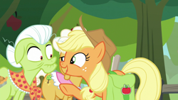 Size: 1920x1080 | Tagged: safe, derpibooru import, screencap, applejack, goldie delicious, granny smith, earth pony, pony, going to seed, apple, apple tree, saddle bag, tree