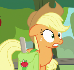 Size: 704x670 | Tagged: safe, derpibooru import, screencap, applejack, earth pony, pony, going to seed, apple, apple tree, cropped, female, floppy ears, freckles, mare, saddle bag, solo, tree