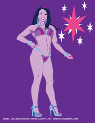 Size: 2550x3300 | Tagged: safe, artist:samoht-lion, twilight sparkle, equestria girls, armpits, bikini, clothes, cutie mark background, grin, hand on hip, high heels, lipstick, nail polish, shoes, smiling, solo, swimsuit, uncanny valley