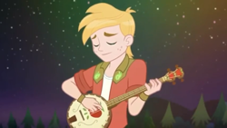 Size: 1280x720 | Tagged: safe, screencap, big macintosh, better together, choose your own ending, equestria girls, the last drop, the last drop: big macintosh, banjo, eyes closed, male, musical instrument, smiling