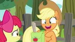 Size: 1920x1080 | Tagged: safe, derpibooru import, screencap, apple bloom, applejack, earth pony, pony, going to seed, apple, apple tree, fence, saddle bag, tree