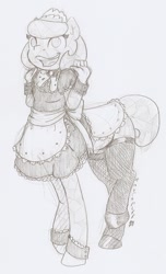 Size: 821x1346 | Tagged: safe, artist:ravenpuff, oc, oc only, oc:pristine polish, anthro, centaur, crystal pony, taur, trade ya, clothes, female, maid, mare, monochrome, solo, traditional art