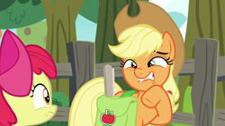 Size: 1280x720 | Tagged: safe, derpibooru import, screencap, apple bloom, applejack, earth pony, pony, going to seed, apple, apple tree, faic, fence, saddle bag, tree