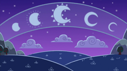 Size: 2100x1180 | Tagged: safe, screencap, frenemies (episode), cloud, crescent moon, hill, lunar phases, moon, mountain, night, no pony, storybook, tree