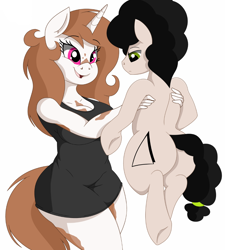 Size: 900x1000 | Tagged: safe, artist:phyll, oc, oc only, oc:pampa, oc:phyll, anthro, earth pony, semi-anthro, unicorn, anthro with ponies, clothes, dress, female, holding a pony, male, smiling, stallion