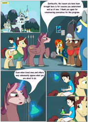 Size: 5401x7513 | Tagged: safe, artist:cactuscowboydan, caboose, full steam, promontory, silver lining, silver zoom, sunburst, oc, oc:king calm merriment, oc:king speedy hooves, oc:tommy the human, alicorn, earth pony, human, pegasus, pony, unicorn, comic:fusing the fusions, comic:the bastion of canterlot, alicorn oc, book, canterlot, canterlot castle, cape, clothes, comic, commissioner:bigonionbean, conductor hat, dialogue, father and child, father and son, fusion, fusion:king calm merriment, fusion:king speedy hooves, glasses, goggles, gymnasium, hat, human oc, magic, male, parent and child, potion, spear, stallion, uncle and nephew, uniform, weapon, wonderbolts uniform, writer:bigonionbean