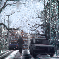 Size: 512x512 | Tagged: safe, artist:clar3, derpibooru exclusive, oc, oc:paradox, anthro, 3d, album cover, anthro oc, building, car, female, snow, snowfall, solo, source filmmaker, soviet, street, tree