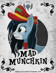 Size: 2550x3300 | Tagged: safe, artist:samoht-lion, oc, oc only, oc:mad munchkin, bust, clothes, ear piercing, earring, hat, jewelry, piercing, scarf, smiling, solo, text