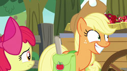 Size: 1280x720 | Tagged: safe, derpibooru import, screencap, apple bloom, applejack, earth pony, pony, going to seed, apple, apple tree, applejack's hat, barrel, bow, cart, cowboy hat, creepy, creepy smile, disturbed, duo, female, fence, filly, foal, freckles, frown, grin, hair bow, hat, mare, ponytail, saddle bag, shrunken pupils, siblings, sisters, smiling, stetson, tree