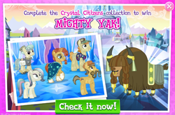 Size: 1038x687 | Tagged: safe, bonna fide, cinnabar, fair trade, glamour gleam, golden hooves, honeysparkle, mustafa combe, quicksilver, sunburst, crystal pony, pony, unicorn, yak, advertisement, background yak, braid, cape, clothes, cloven hooves, collection, crystal empire, crystallized, facial hair, female, gameloft, male, mare, moustache, nose piercing, nose ring, official, piercing, stallion, uniform