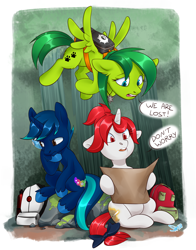 Size: 3140x4000 | Tagged: safe, artist:t-fruit, oc, oc only, oc:aura skye, oc:evergreen feathersong, oc:miss final verse, pegasus, pony, unicorn, bags, bowtie, everskye, jewelry, lost, map, necklace