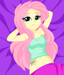 Size: 1084x1270 | Tagged: safe, artist:rosemile mulberry, fluttershy, equestria girls, arm behind head, armpits, clothes, cutie mark tattoo, female, implied sunshyne, lidded eyes, looking at you, on back, smiling, solo, tattoo
