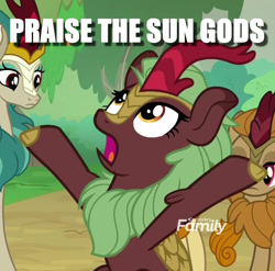 Size: 989x977 | Tagged: safe, edit, edited screencap, screencap, cinder glow, fern flare, rain shine, summer flare, kirin, sounds of silence, caption, cropped, discovery family logo, image macro, looking up, text, worship