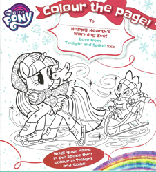 Size: 826x915 | Tagged: safe, spike, twilight sparkle, twilight sparkle (alicorn), alicorn, dragon, coloring page, magazine scan, monochrome, sled