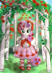 Size: 752x1050 | Tagged: safe, artist:puri__kyua, sweetie belle, anthro, unicorn, bow, clothes, cute, diasweetes, dress, female, flower, flower in hair, garden, hat, leaves, lolita fashion, smiling, solo