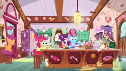Size: 1920x1080 | Tagged: safe, screencap, apple bloom, cup cake, scootaloo, sugar belle, sweetie belle, pony, the big mac question, batter, bowl, candy, cutie mark crusaders, flour, food, lollipop, magic, quill, strawberry
