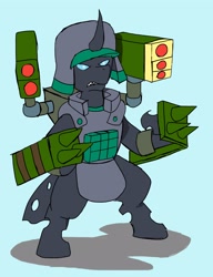 Size: 2508x3270 | Tagged: safe, alternate version, artist:omegapony16, oc, oc only, oc:oriponi, changeling, armor, bipedal, changeling oc, clothes, colored, curved horn, gun, helmet, horn, missile, soldier, solo, vest, weapon