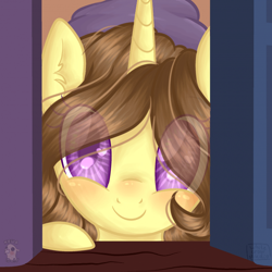 Size: 700x700 | Tagged: safe, artist:whitecrowstudio, oc, oc:astral flare, pony, unicorn, adorable face, beanie, blushing, bookshelf, cute, eye clipping through hair, happy, hat, smiling